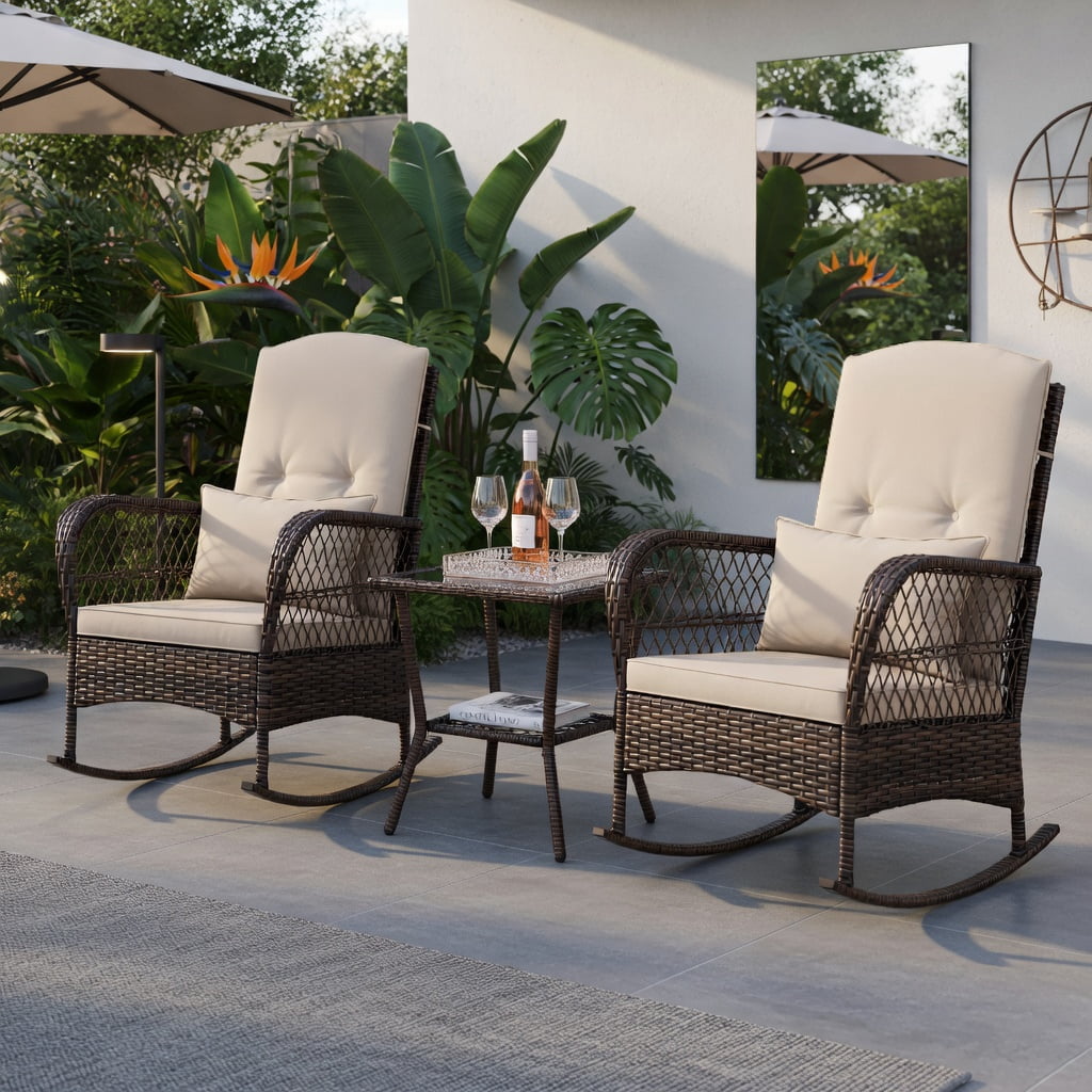 Hommoo 3-Piece Outdoor Rocking Bistro Set with 2-Tier Tempered Glass Coffee Table, PE Rattan, Brown