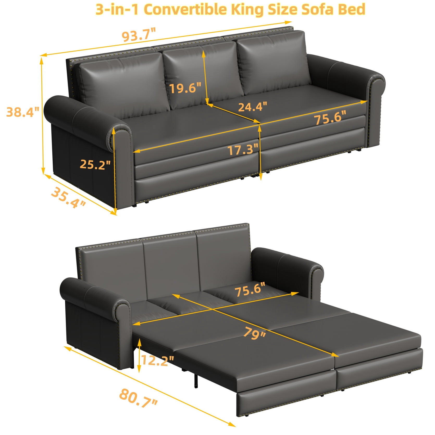 93.7" Chesterfield Sofa, King Pull Out Sofa Bed with Nailhead Trim, 3-in-1 Faux Leather Convertible Sleeper Sofa with Rolled Arm, for Apartments, Living Room, Grey