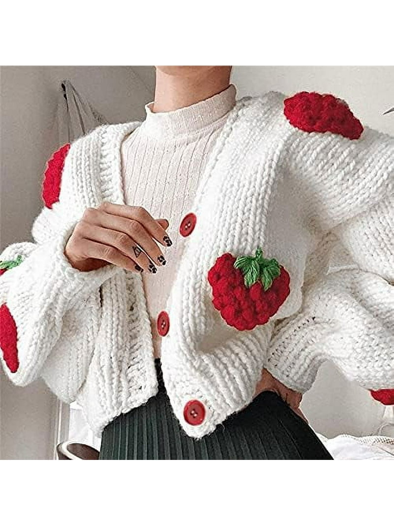CoCozhu Kawaii Strawberry Cardigan Soft Girl Crochet Knit Sweater
