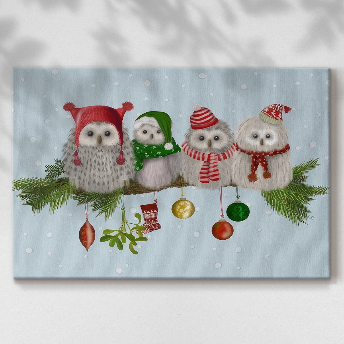 Christmas Fluffy Christmas Owls on Branch- Gallery Wrapped Canvas