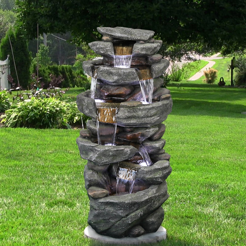 6-tier Outdoor Water Fountain with LED Light - 40.6" High Waterfall Fountain for Garden and Patio