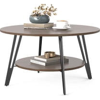 Manora Round Wooden Coffee Table for Living Room – 2 Tier Circle Center Table with Storage, Modern Industrial Small Coffee Table with Black Metal Legs, Walnut