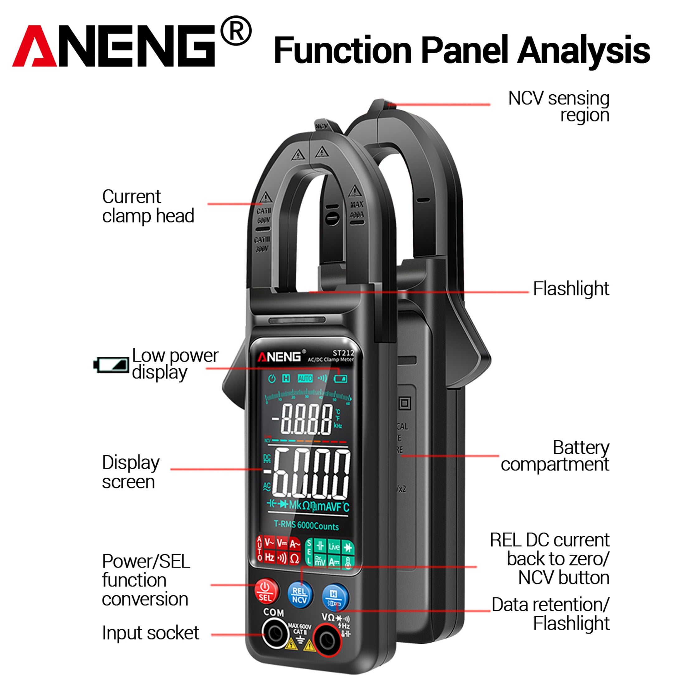 Aneng ST212 Intelligent Digital Clamp Multimeter, 400A AC/DC Voltage Current Meter with NCV & Resistance Test
