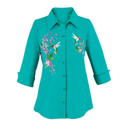 Beautiful Button Front - Women's Turquoise Embroidered Hummingbird Button Front Shirt with 3/4 Sleeves and Notched Cuffs, Cute Seasonal Layering, X-Large, Turquoise