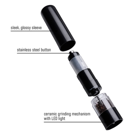 KAMENSTEIN 8-INCH BATTERY OPERATED PREFILLED SALT & PEPPER GRINDER SET, BLACK & WHITE