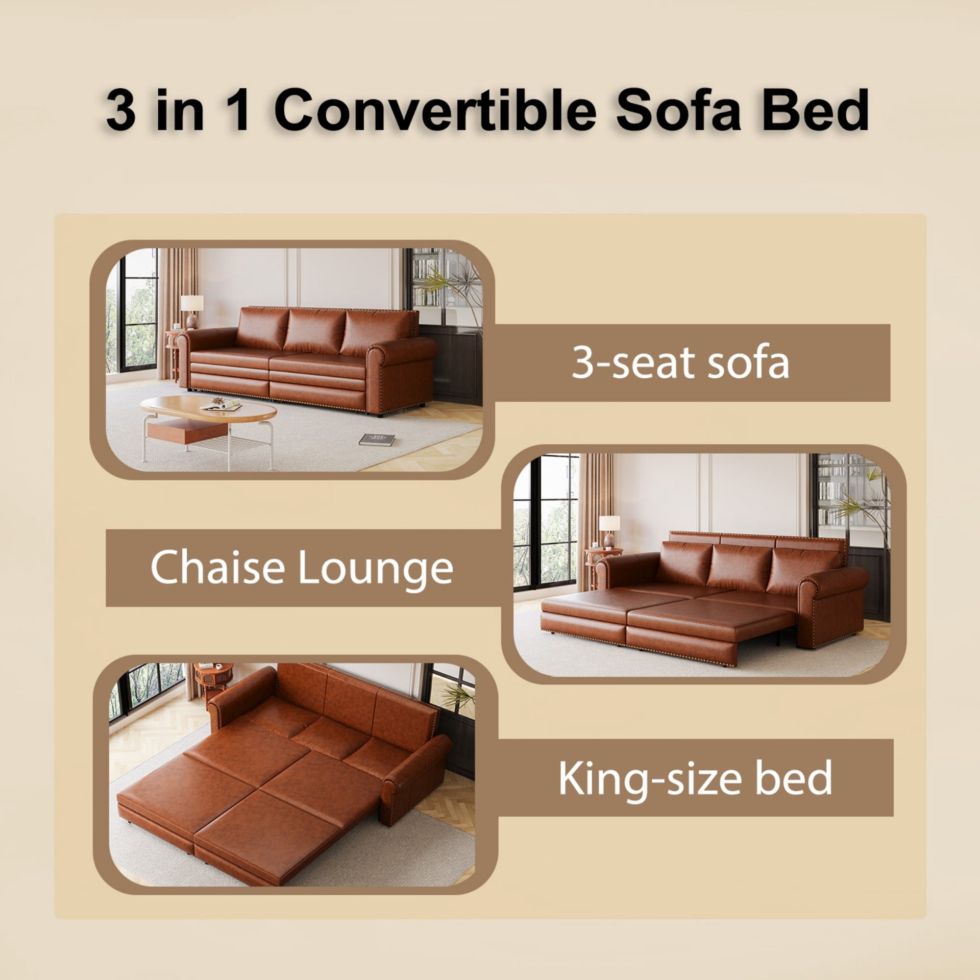 Aukfa 93.7" King Pull Out Sofa Bed, Faux Leather 3-in-1 Convertible Chesterfield Sleeper Sofa Couch with Nailhead Trim & Rolled Arms, Light Brown