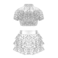 thumbnail image 2 of TTAO 2 Piece Dance Outfits Set Kids Girls Short Sleeve Crop Top with Tiered Skirt Jazz Ballroom Dancewear Silver 16, 2 of 5