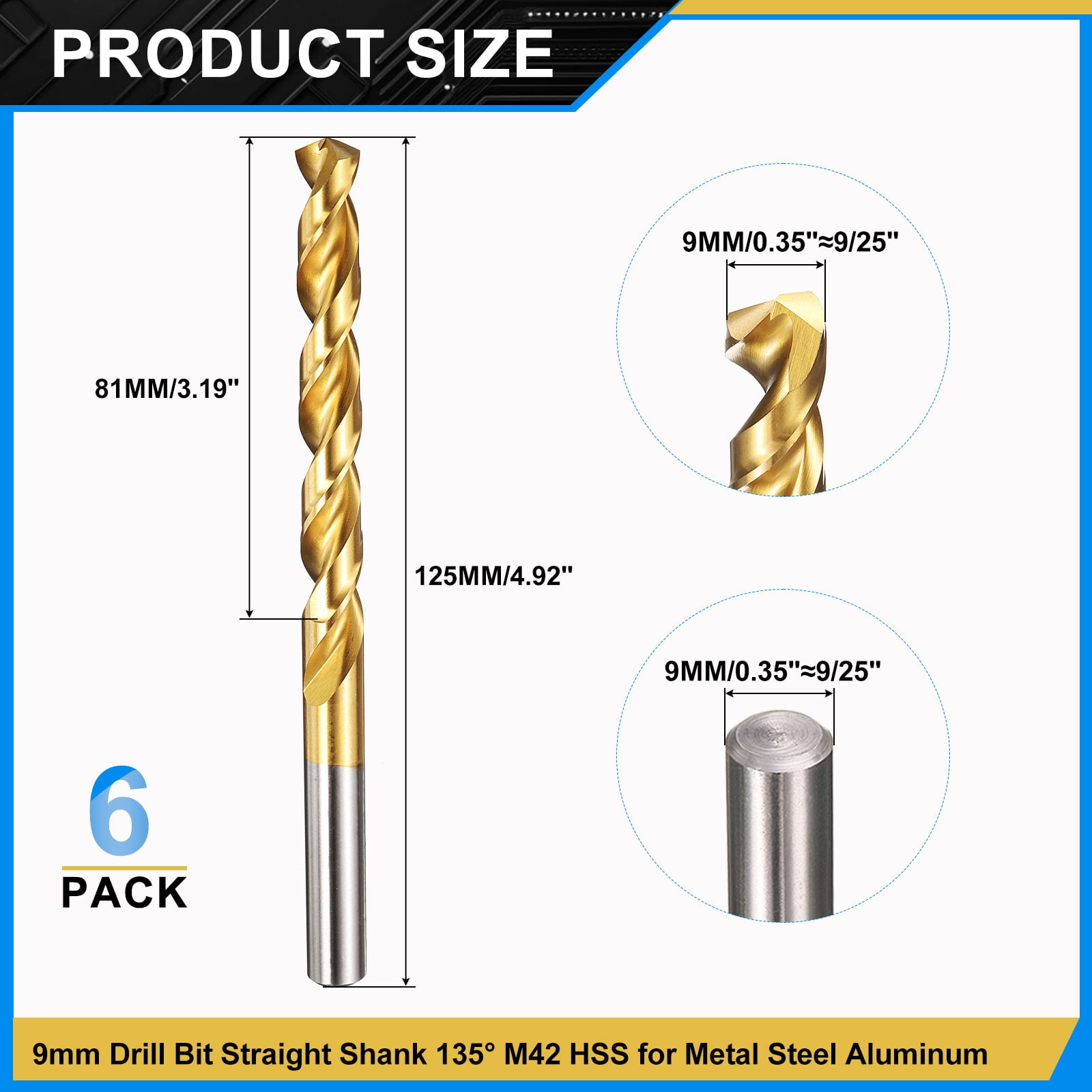 Uxcell 9mm Drill Bit, M42 8% Cobalt High-Speed Steel Jobber Straight Shank 135° Titanium Nitride (TiN) Coated for Hard Metal Stainless Steel - 6 Pack