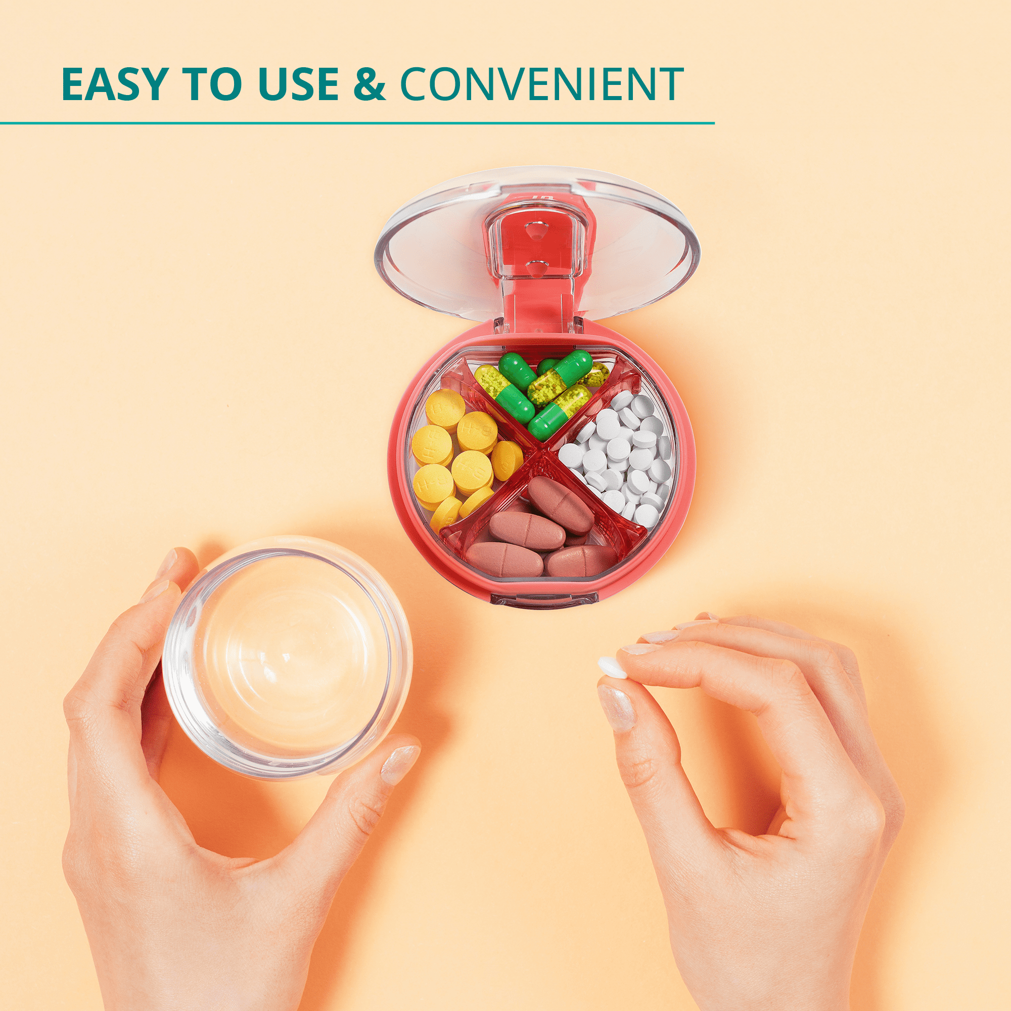 Sukuos Daily Use Portable Pill Organizer with 4 Compartments, Travel Pill Box & Vitamin Container, 1 pack, 4 Random Colors