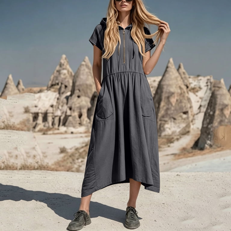 midi walmart dresses for women CHUMUD Summer Dresses for Women Half-Zip Collared Short Sleeve Midi Dress,  Casual Shift Dress with Pockets
