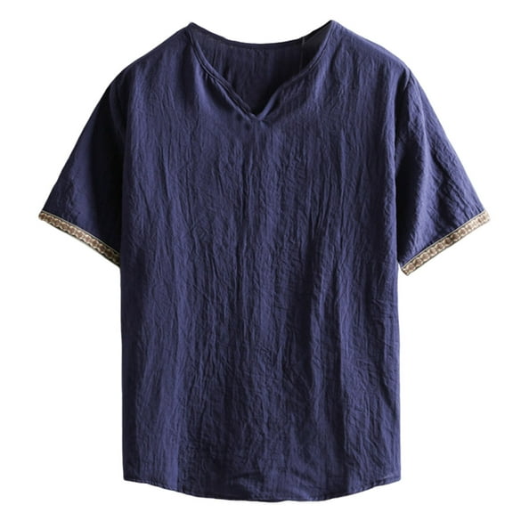 WRKEKC Mens Short Sleeve Shirts Casual Fashion V-Neck Imitation Linen Blend Casual Short Sleeve Top Casual Shirt Summer Comfort