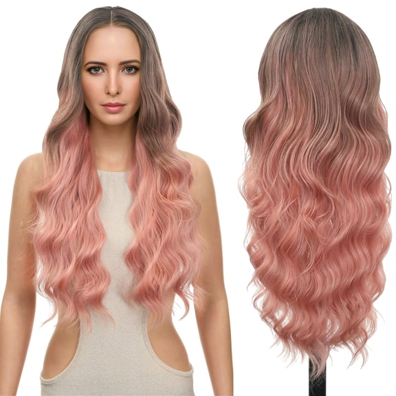RYHAIR 30 inches Long Wavy HD Lace Front Wig with Ombre Pink Synthetic Hair for Women Daily Cosplay