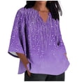 thumbnail image 3 of TaTaai Women's V Neck Casual Blouse, Printed Linen Look Shirt, Three Quarter Sleeves with Roll Tab for Summer Gift, 3 of 5