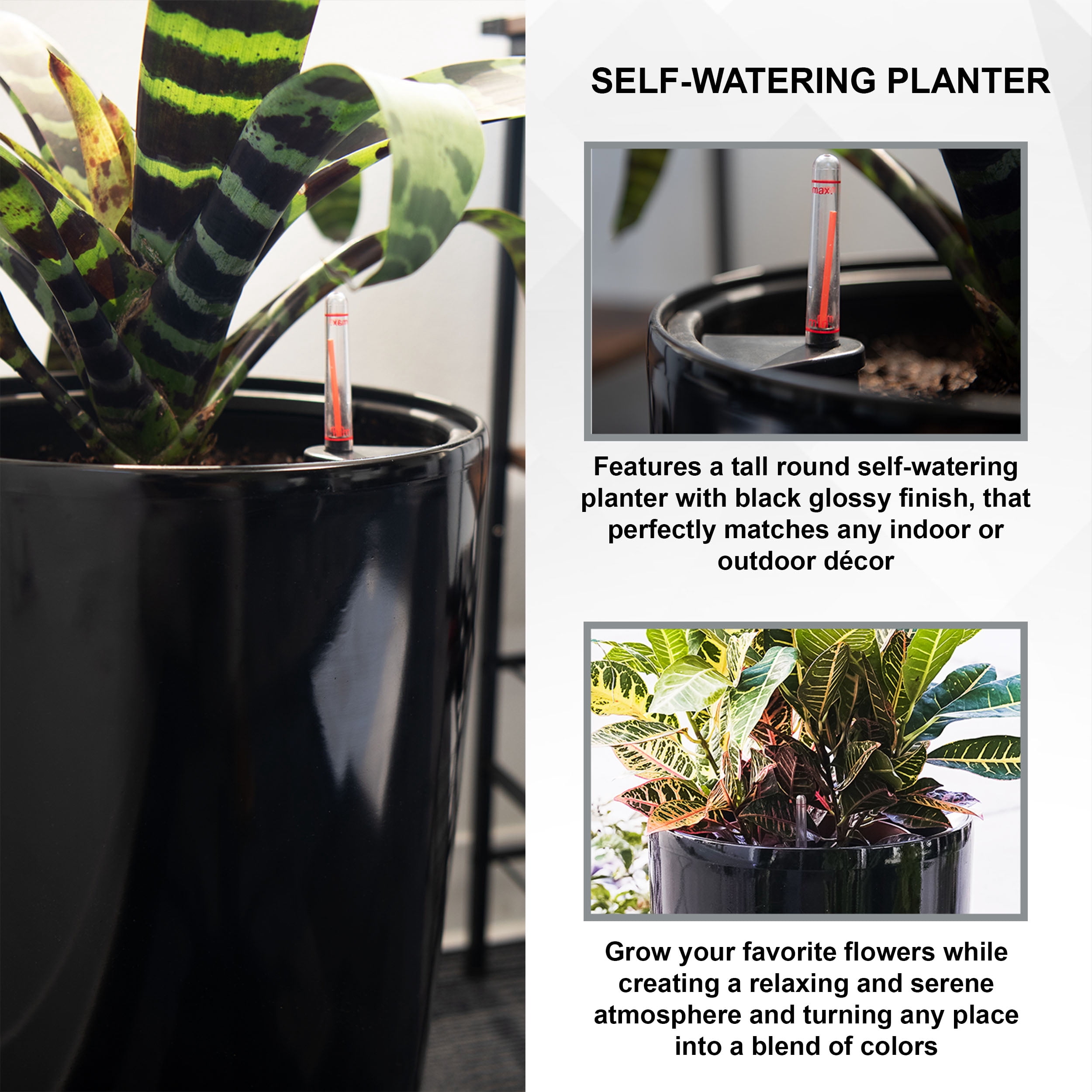 XBrand 21" H Black Plastic Self Watering Indoor Outdoor Tall Round Planter Pot w/Glossy Finish, Decorative Gardening Pot, Home Décor Accent