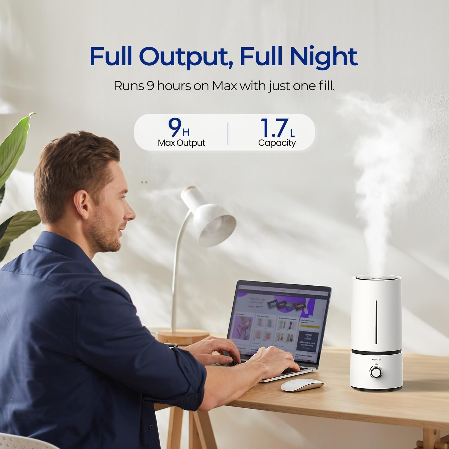 Cool Mist Humidifiers for Home Babies, 1.70 L Quiet and Small Ultrasonic Humidifier for Bedroom Nightstand, Space Saving, Auto Shut Off - (0.45 Gallon, US 110 V)