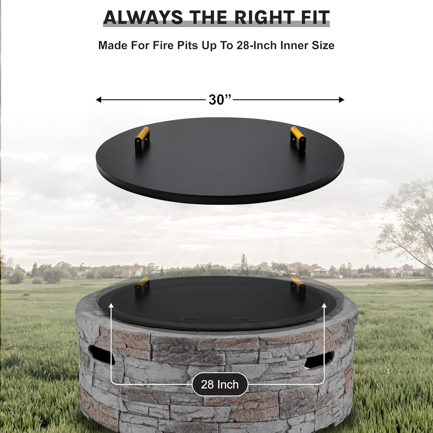 Febtech 30" Round Fire Pit Cover Heat Resistant Shield With Dual Wooden Handles Perfect for Fire Pit Inside Up to 28"