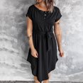 thumbnail image 1 of Vestido De Manga Corta Vestidos camiseros cortos Cinturón con botones Vestido informal Vestidos con cintura cortada (Negro S) Cgtredaw para Mujer Negro T M, 1 of 6