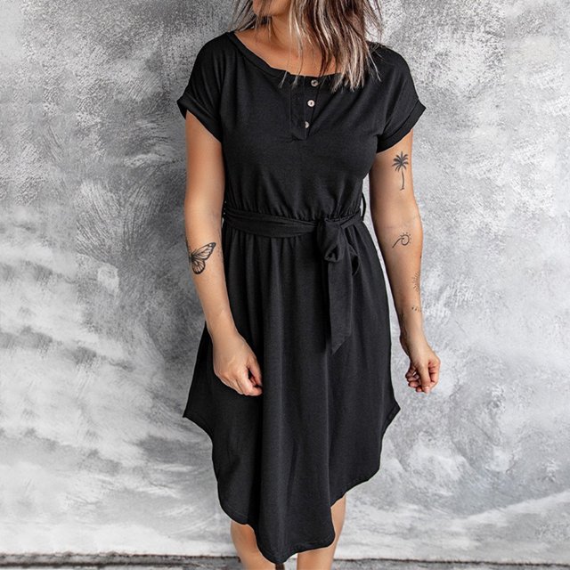 Vestido De Manga Corta Vestidos camiseros cortos Cinturón con botones Vestido informal Vestidos con cintura cortada (Negro S) Cgtredaw para Mujer Negro T M