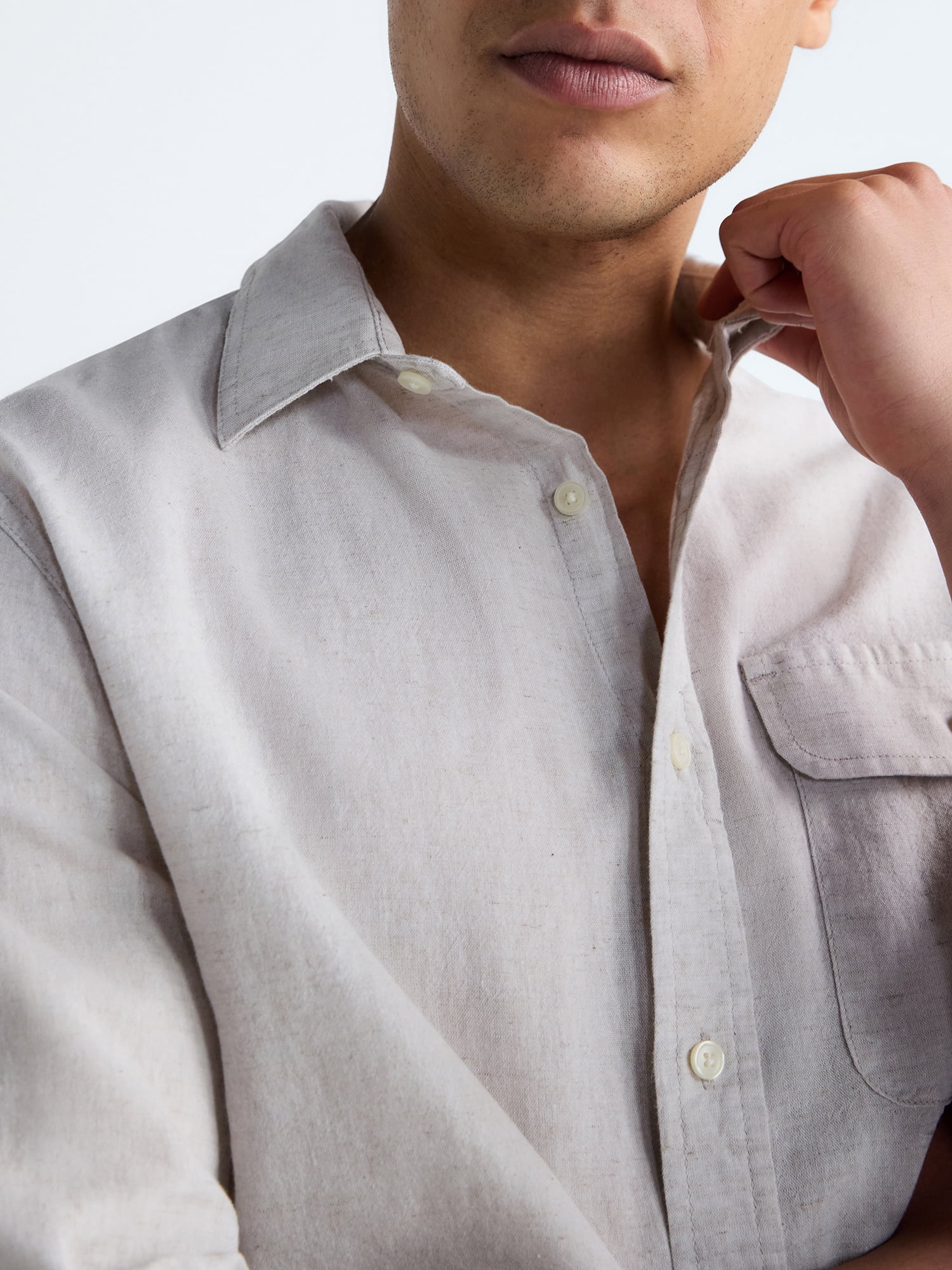 Free Assembly Men's Linen Blend Button Front Shirt with Long Sleeves, Sizes S-3XL