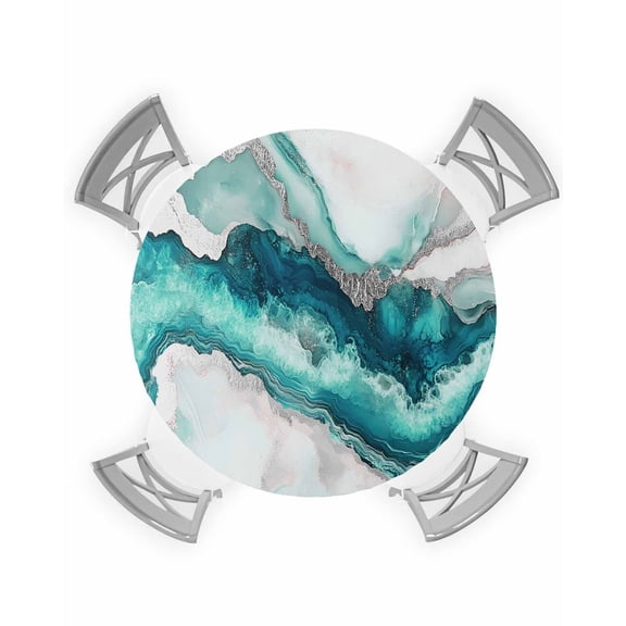 nqOlkjepod Turquoise Marble Round Tablecloth, Fitted Table Cover with Elastic for 36"-44" Round Tables, Luxury Modern Abstract Texture Art Table Cloth Outdoor Dinning Party Waterproof Tablecloths