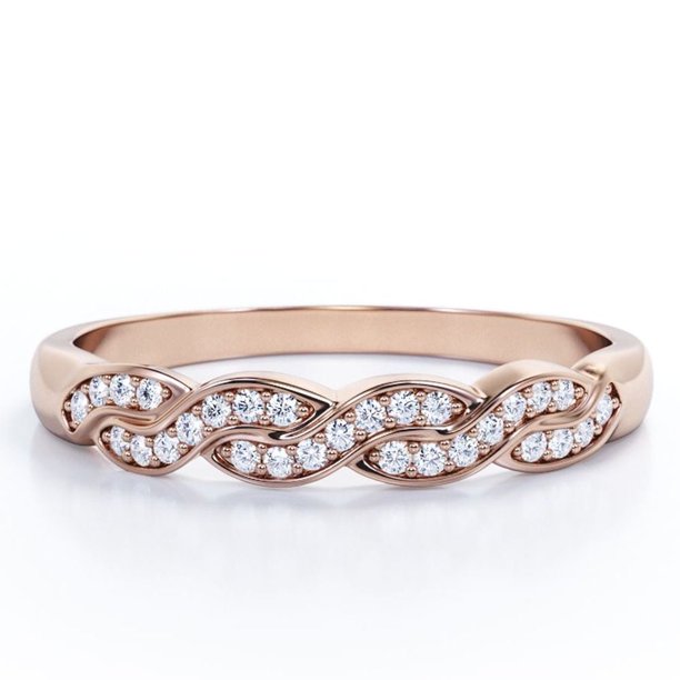 JeenMata Alianza de Boda con Diseño Infinito de Canal Pavé de Corte Redondo de 0,25 Quilates en Baño de Oro Rosa de 18 K sobre Plata