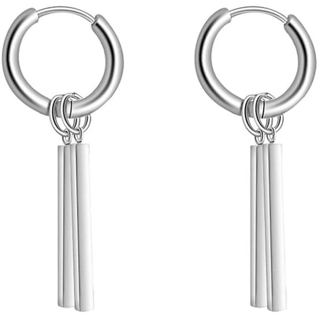 Pendientes colgantes cortos minimalistas de doble barra con aro pequeño para hombres, mujeres, niños y niñas, dijes de acero inoxidable, aros Huggie de 2 cm, plata, 2 piezas