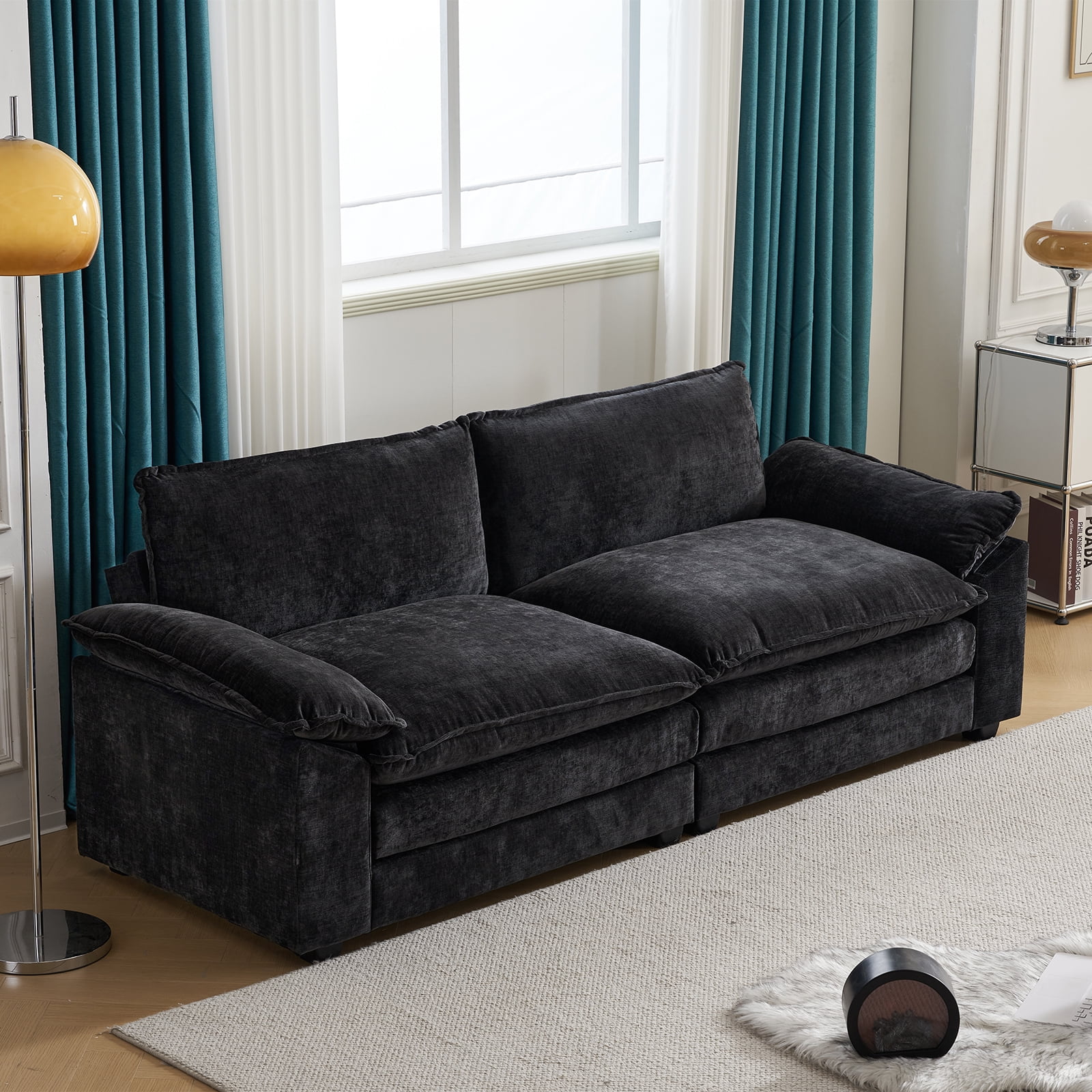 Ktaxon Sectional Sofa L Shaped Couch with Chaise Living Room Sleeper Set, 2 Seats with Chenille and Double Layer Cushions 86" W Black