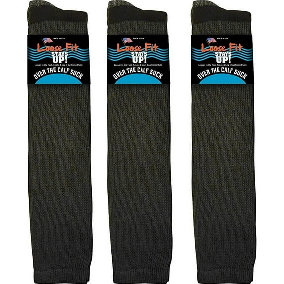 Loose Fit Stays Up Men's and Women's Over the Calf Boot Socks (Knee High) 3 PK Made in USA! Cushioned Sole.
