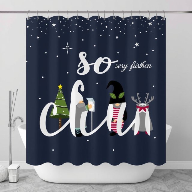 Whimsical Rideau de Douche de Noël Bleu avec 'So Very Fusthen', Bord, Étoiles & Flocons de Neige