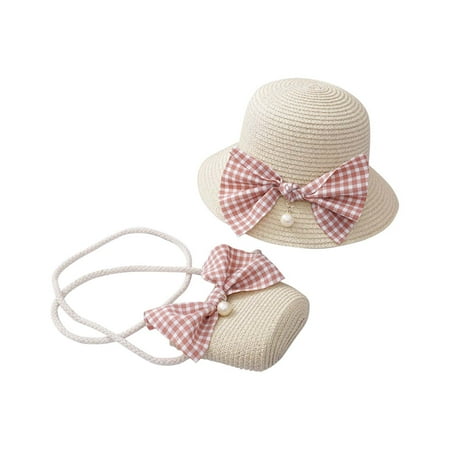

Kukoosong Summer Saving Clearance! Toddler Baby Sun Hat Bucket Hat Summer Children s Bow Tie Pearl Decorated Hat Rope Beach Hat Sun Hat + Bag Set Beige One Size