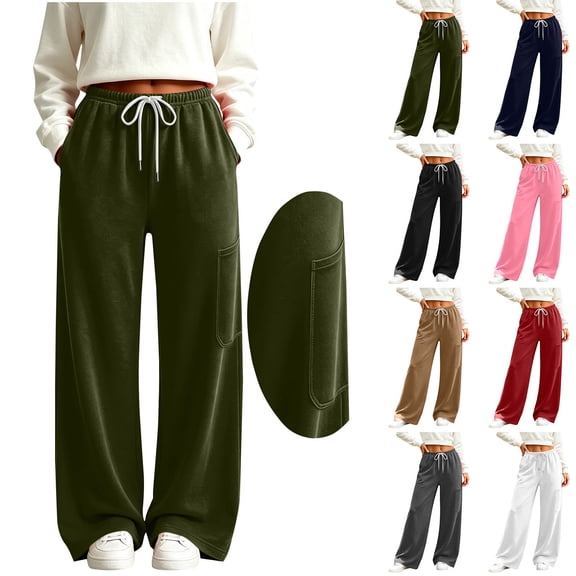YHAJDS Women Straight Wide Leg Joggers Comfort Loose Fit Elastic Waist Solid Color Outdoor Casual Bottoms With Side Pockets