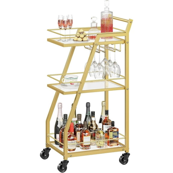 Bar Cart, 3-Tier Bar Cart for The Home, Home Bar Serving Cart with Glass Holders, Beverage Cart for Kitchen, Dining, Party Room, Gold