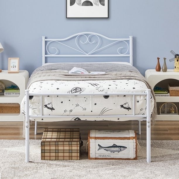 14 Inch Twin Size Metal Platform Bed Frame with Headboard and Footboard, Heavy Duty Mattress Foundation with Steel Slats Support, No Box Spring Needed, White