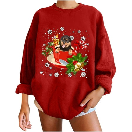 

Women Shirts Red Long Sleeve Oversized Sweatshirt Lovely Doge Print Print Pullover Tops Blouse