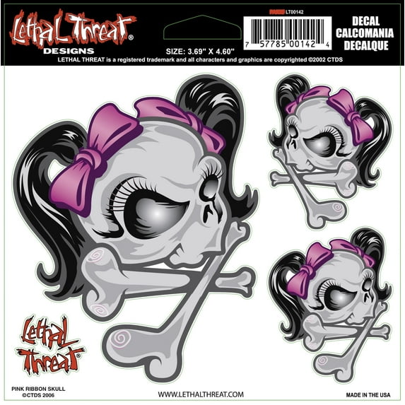 LETHAL THREAT DECALS Decals 6" x 6" Pink Ribbon Skull LT00142