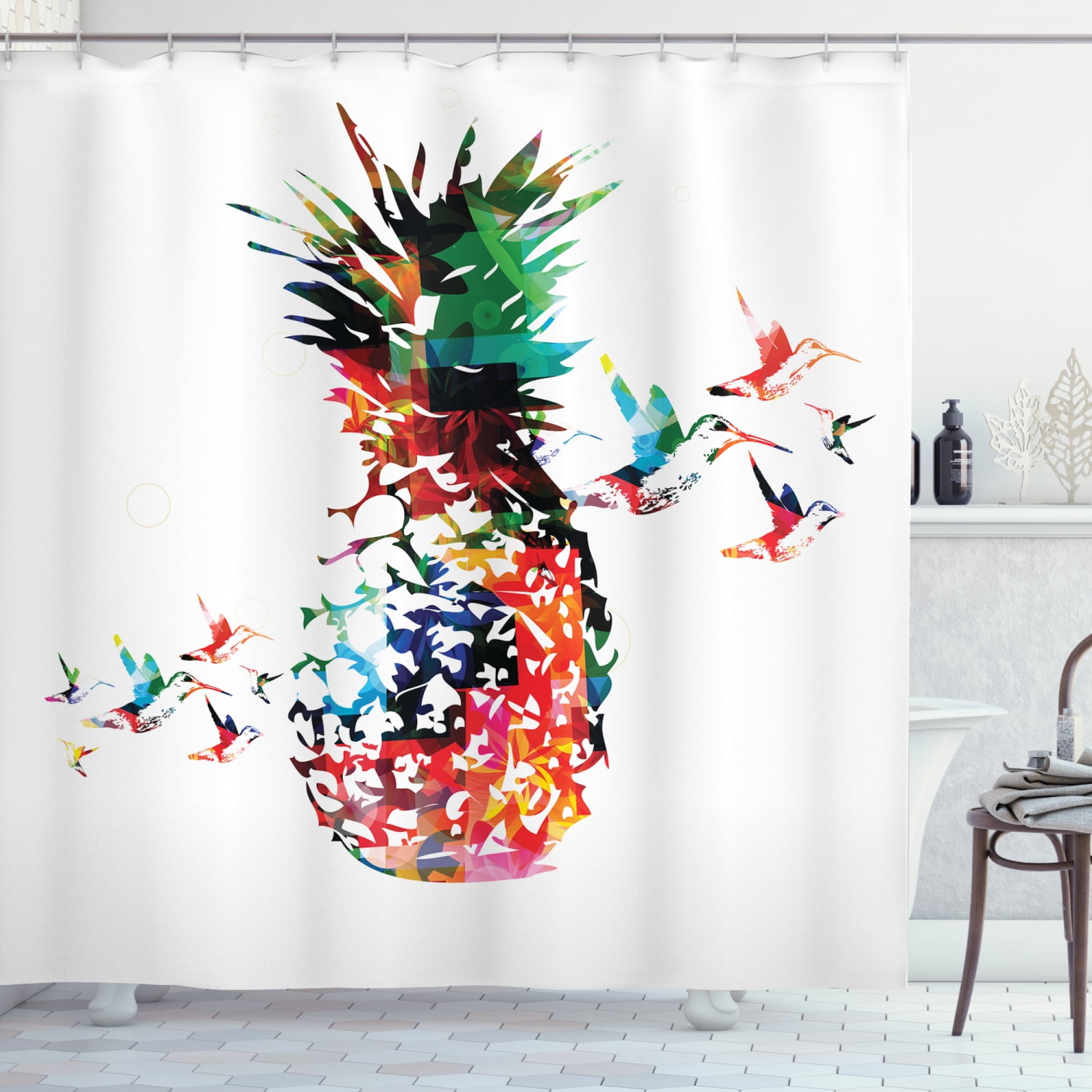 Waterproof Fabric Shower Curtain Set Tropical Flowers Pineapple Bathroom & Hooks 