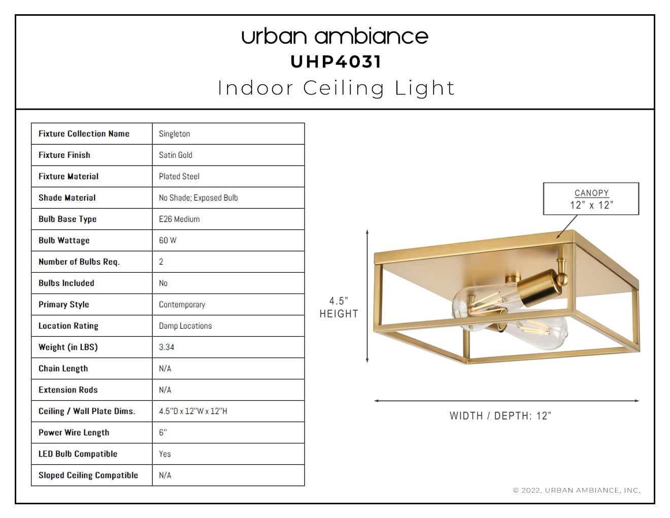 Luxury Modern Ceiling Light, 4.5H x 12W, with Mid-Century Modern Style, Satin Gold, UHP4031 by Urban Ambiance