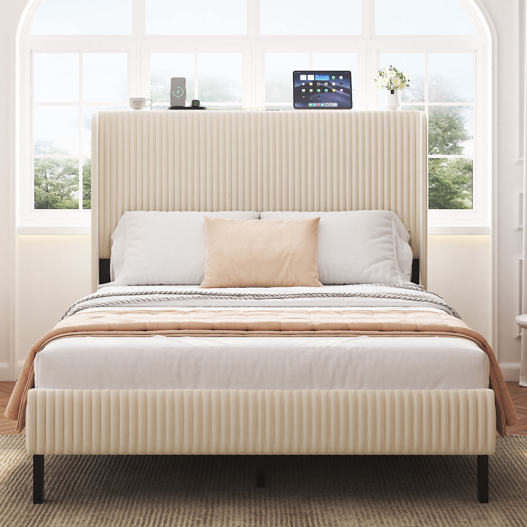 Miniyam Full Size Upholstered Platform Bed with Storage Headboard, USB Ports for Adult, Beige