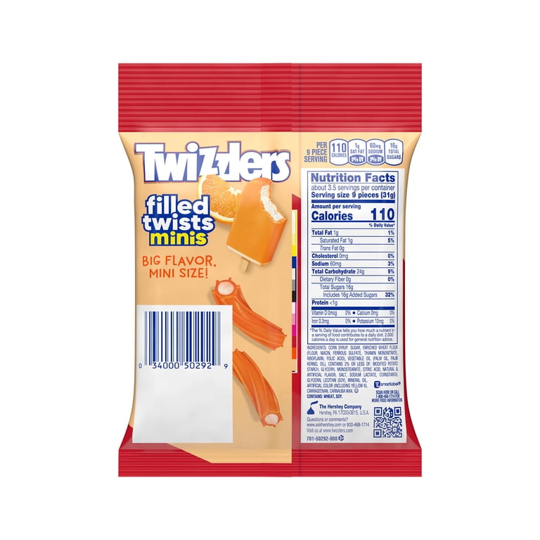 Twizzlers Filled Twists Minis Orange Cream Pop Candy, Bag 3.75 oz