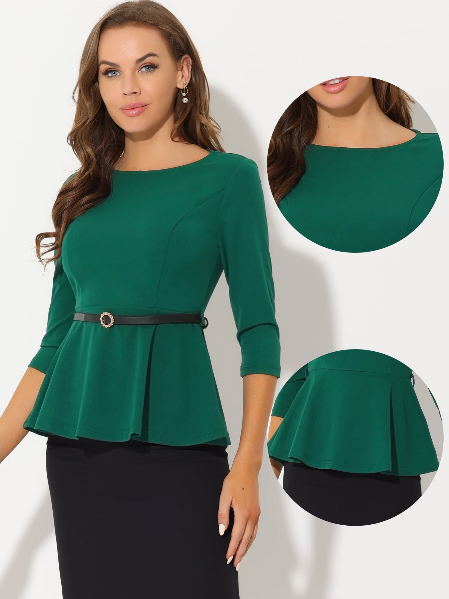 DARING DIVA 3/4 Sleeve Elegant Work Peplum Top XS Black L Green