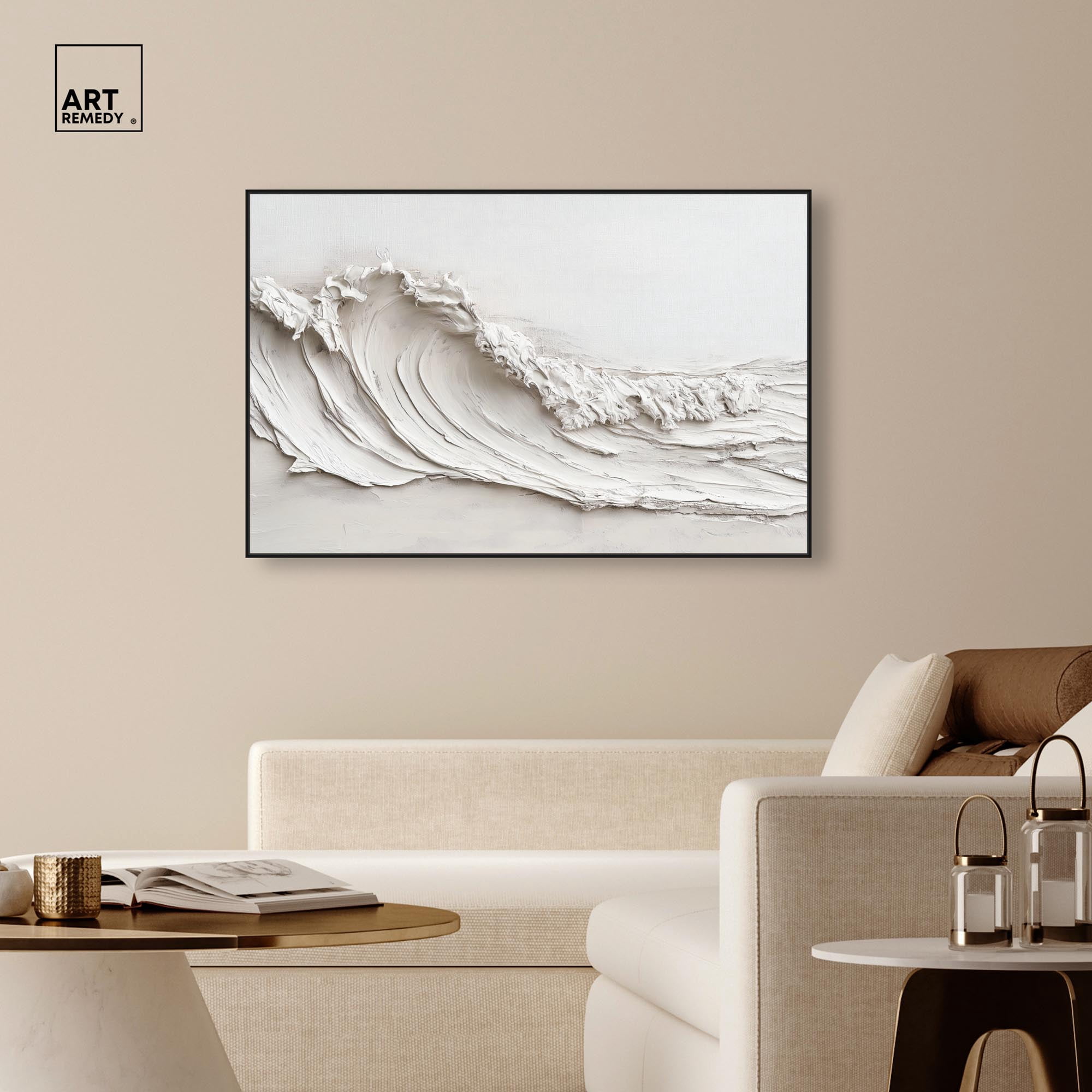 Wave on White Canvas Neutral Boho by Art Remedy, Black Frame, 54 x 36