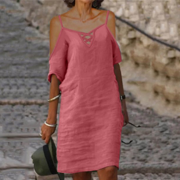 Puntoco Vestidos Mujer Verano Sexy Sin Tirantes Manga Con Cuello En V Vestido De Mujer Falda Casual Hasta La Rodilla