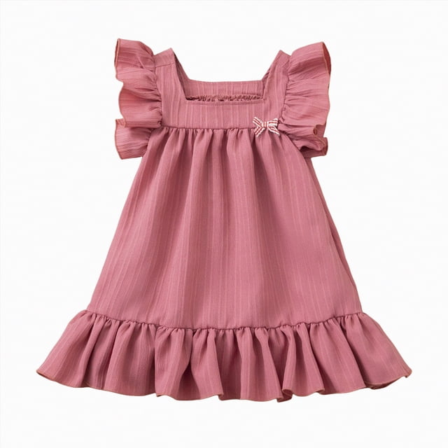 gdxvjhbj Robe pour Bébé Fille Robe d'Été Épaules Dénudées Manches Volantées Robes Décontractées avec Poche 2T 3T (Rose,2-3 Ans)