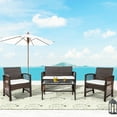 thumbnail image 1 of Balcony Outdoor Furniture Sets, 4 Pieces Conversation Chair Wicker Set with Loveseat and 2 Single Chairs, Outdoor Indoor Use Leisure Outdoor Chairs with Soft Cushion and Glass Table, Brown, S710, 1 of 8
