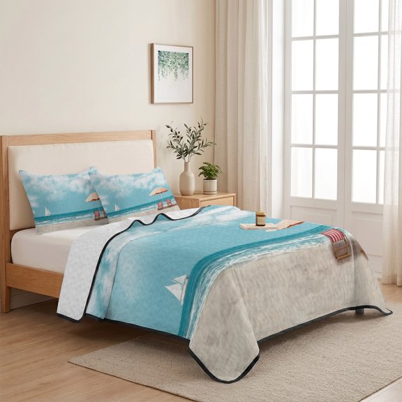 3 Piece Summer Bed Quilt Set Twin XL Size,Summer Beach Sails Ocean Waves Lightweight Bedspread Coverlet with 2 Pillowcases Watercolor Sky Clouds Soft Comforter Bedding Quilts for All Season