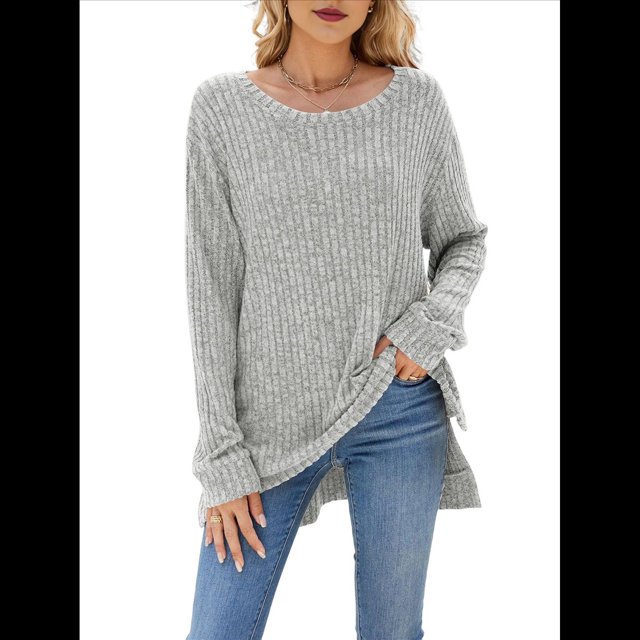 Suéter de Punto con Abertura Lateral Y2K para Mujer, Cuello Redondo, Larga, Blusa de Punto Liso con Abertura Lateral, Túnicas Gris XXL