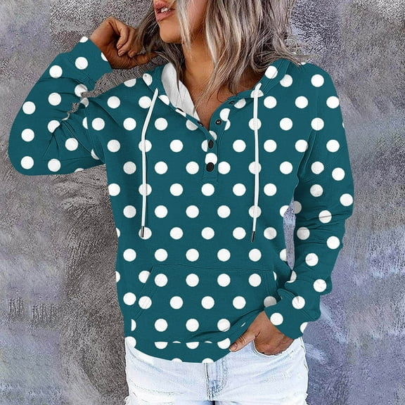AGWOLF Dot Print Hoodies for Women Business Button Collar Hooded Sweatshirts with Pocket Casual Long Sleeve Tops