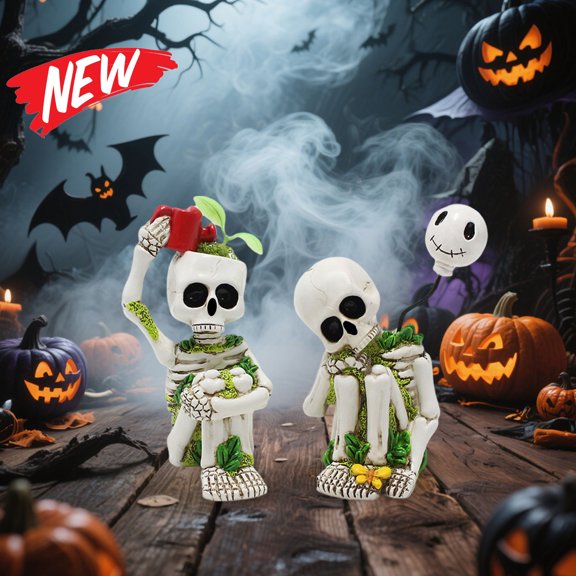 Halloween Decorations Savings, Tarmeek Halloween Skull Decor 2-Piece Set - Cartoon Resin Skulls with Green Plants, Funny Window Display for Halloween Party Supplies and Festive Decor