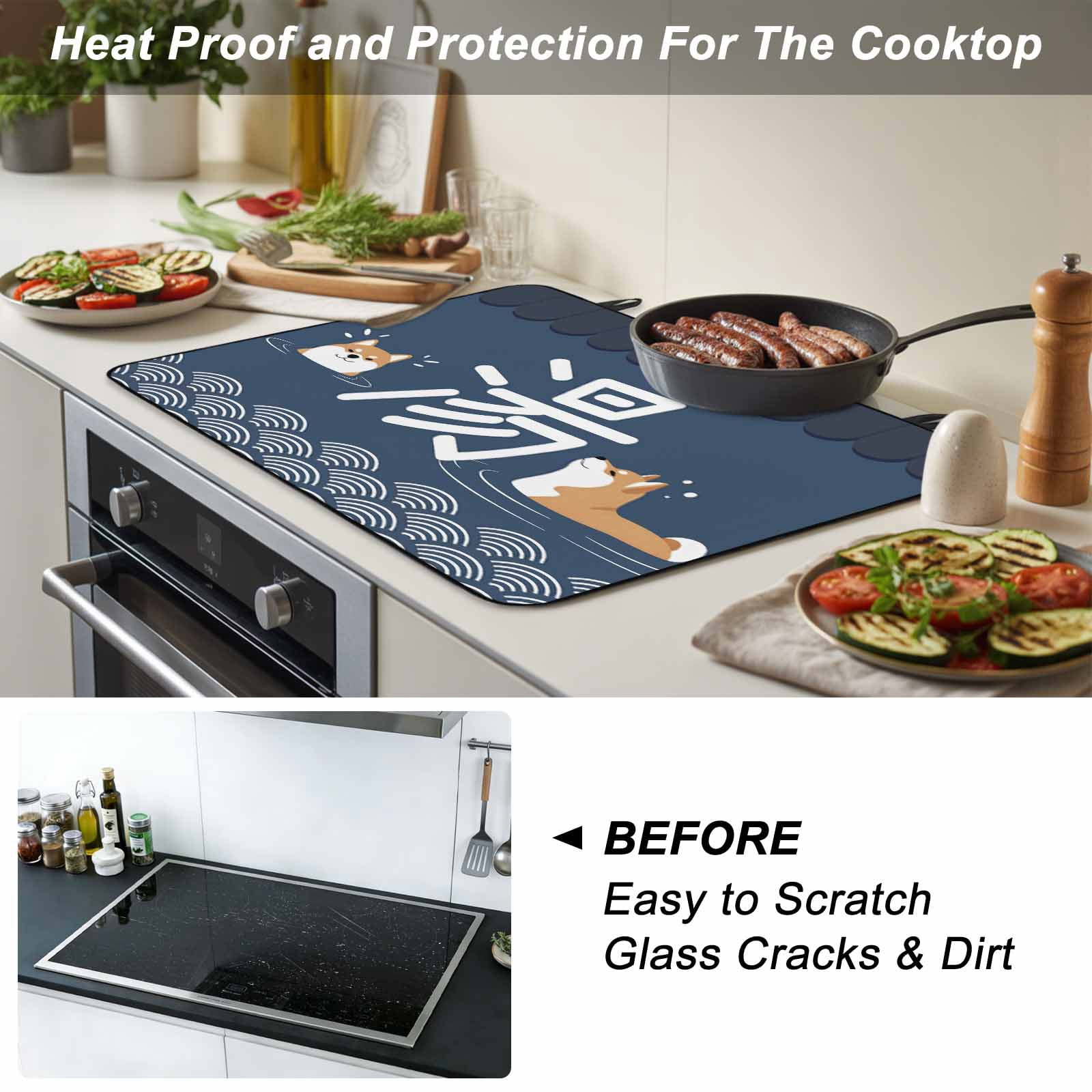 Navy Blue Cute Puppy Stove Top Cover for Electric Stove, Heat-proof & Non Slip Glass Top Stove Cover Protector, Modern Abstract Dog Bathing Kitchen Flat Cooktop Rubber Mat 24x21 Inches