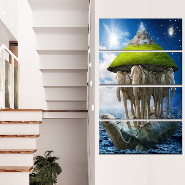 Giant Turtle Carrying Elephants - Abstract Canvas Art Print